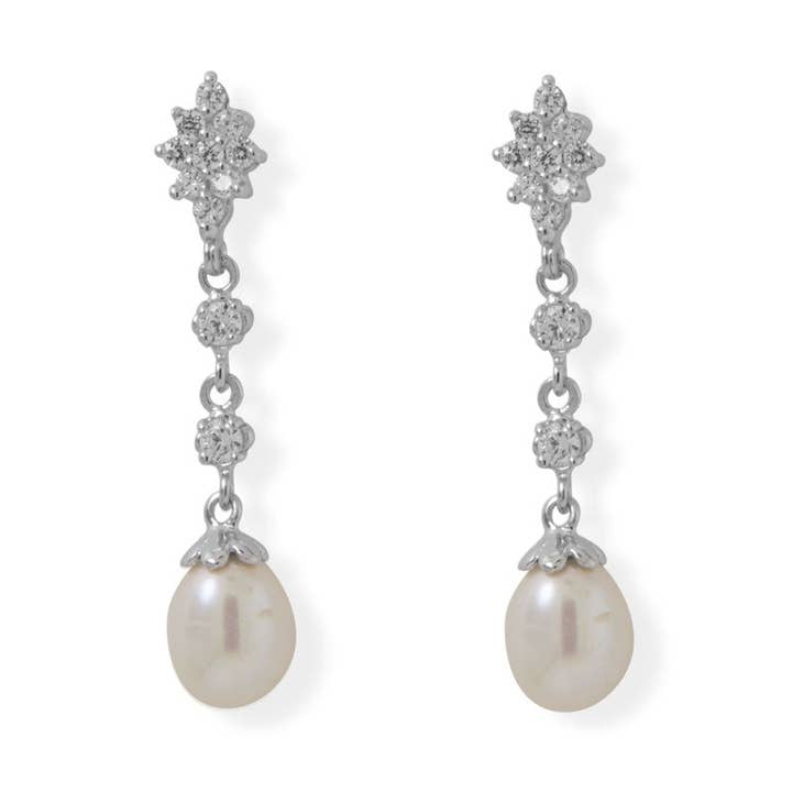 CZ and Cultured Freshwater Pearl Drop Earrings for wholesale by Silver Stars Collection