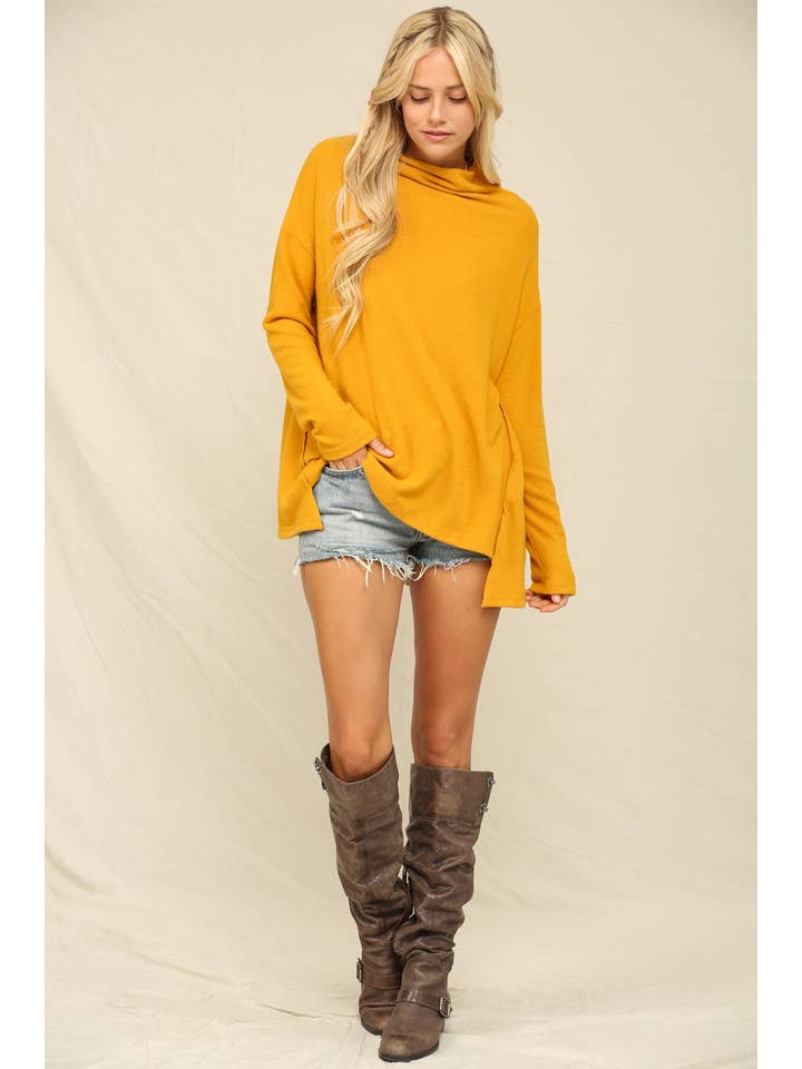 Mustard Cashmere Mock Neck Tunic Long Sleeve Top for wholesale on Faire