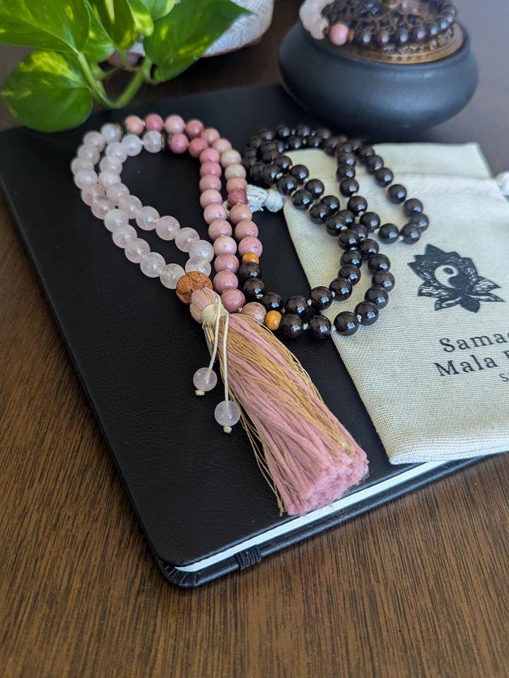 Zodiac Garnet, Rhodochrosite & Rose Quartz 108 Bead Mala for wholesale by Samadhi Mala Beads