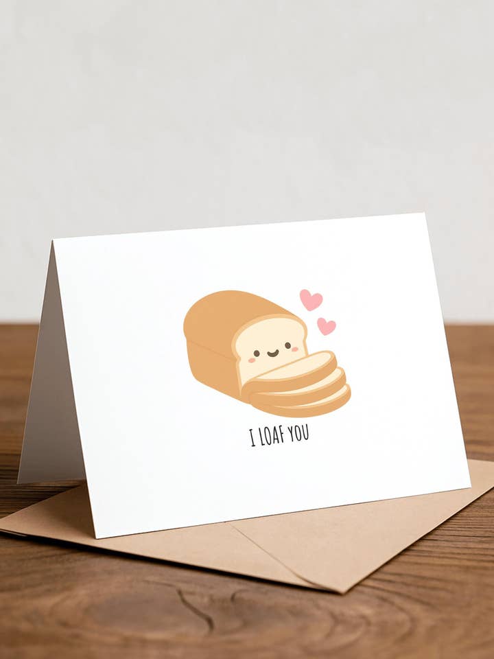 Carte de vœux "Je t'aime comme un pain" : Note d'amour humoristique avec jeu de mots. pour la vente par Chewy Lemon Studio