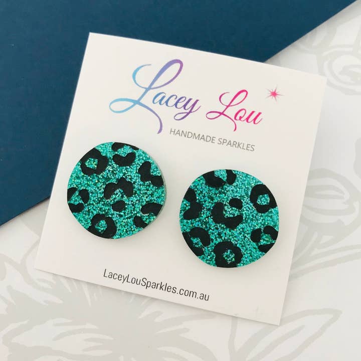 Leopard Print Studs - Emerald Green Acrylic Glitter for wholesale by Lacey Lou Sparkles