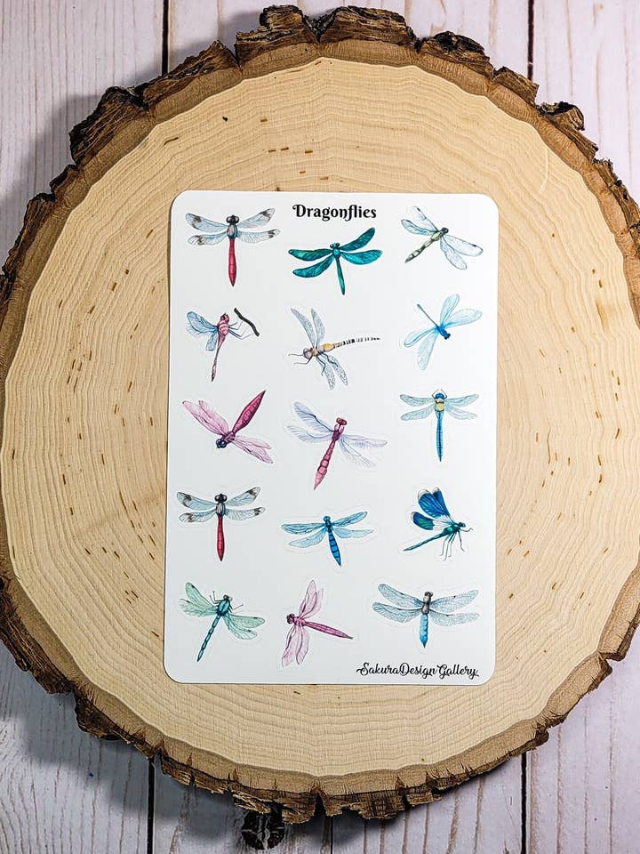 Feuille d'autocollants de libellules colorées, insectes libellules pour la vente par Sakura Design Gallery