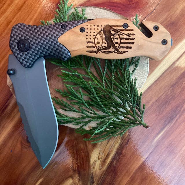 Baseball on a Flag Knife for wholesale by Quail Tail Laser Art