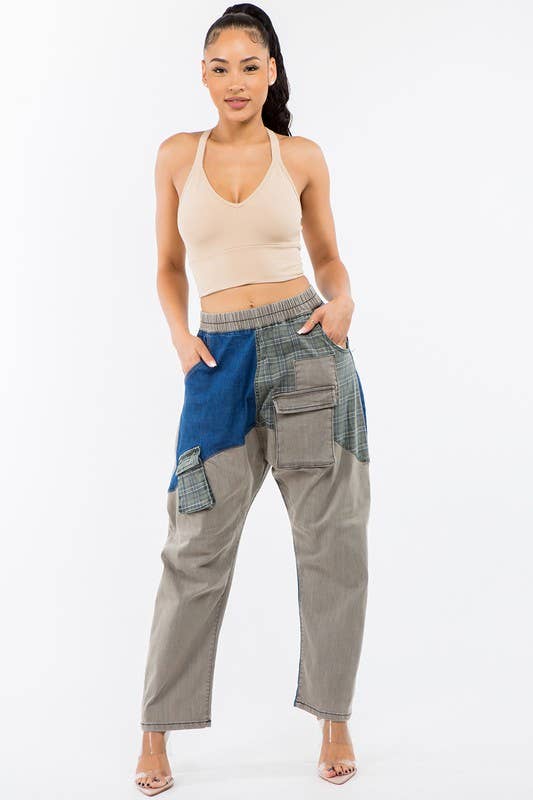 LABIJOU - Wholesale Broek - Dames - PD509 Broek - patchwork denim met geruite plaid en camo3