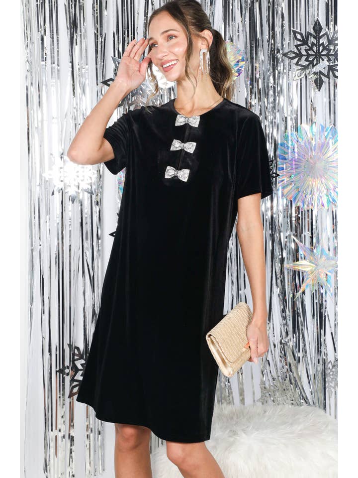 Vine & Love - Wholesale Dress - Women's - Sparkling Sequin Bow Embellished Velvet Dress VD8273731