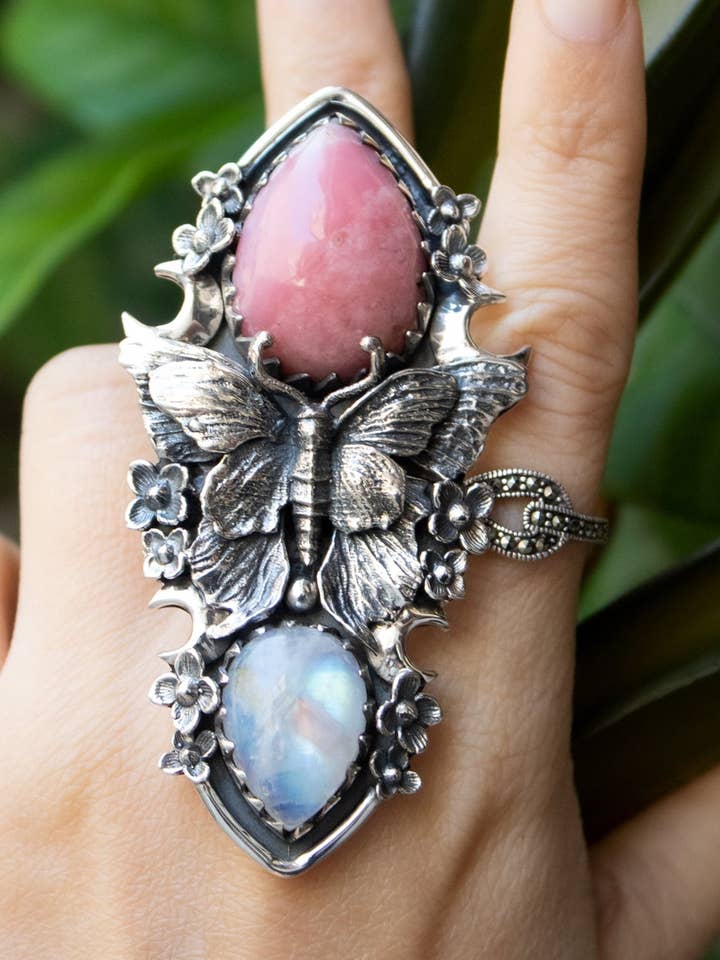 Blushing Butterfly – Pink Opal & Moonstone Ring, AR-7672 for wholesale by Ambra Jewels