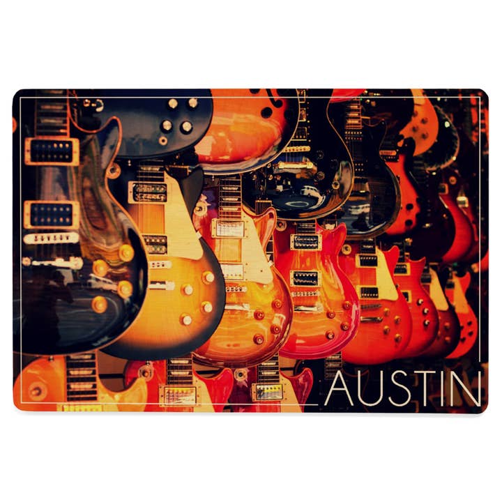 WOOD POSTCARD Austin, Texas, chitarre elettriche su parete per la vendita all'ingrosso da parte di Lantern Press