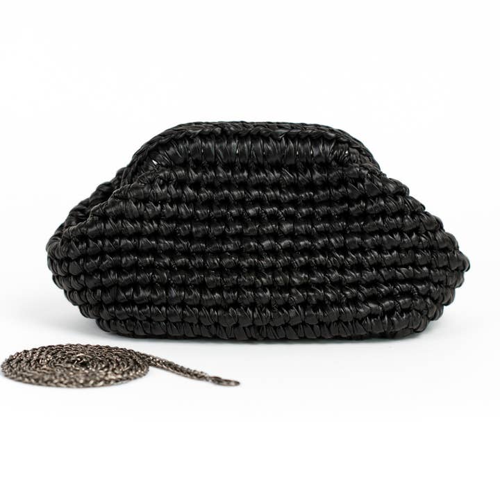 Metallisk raffia sort clutch og sort læderpung for engroshandel hos AND-selects Artisan Elegance