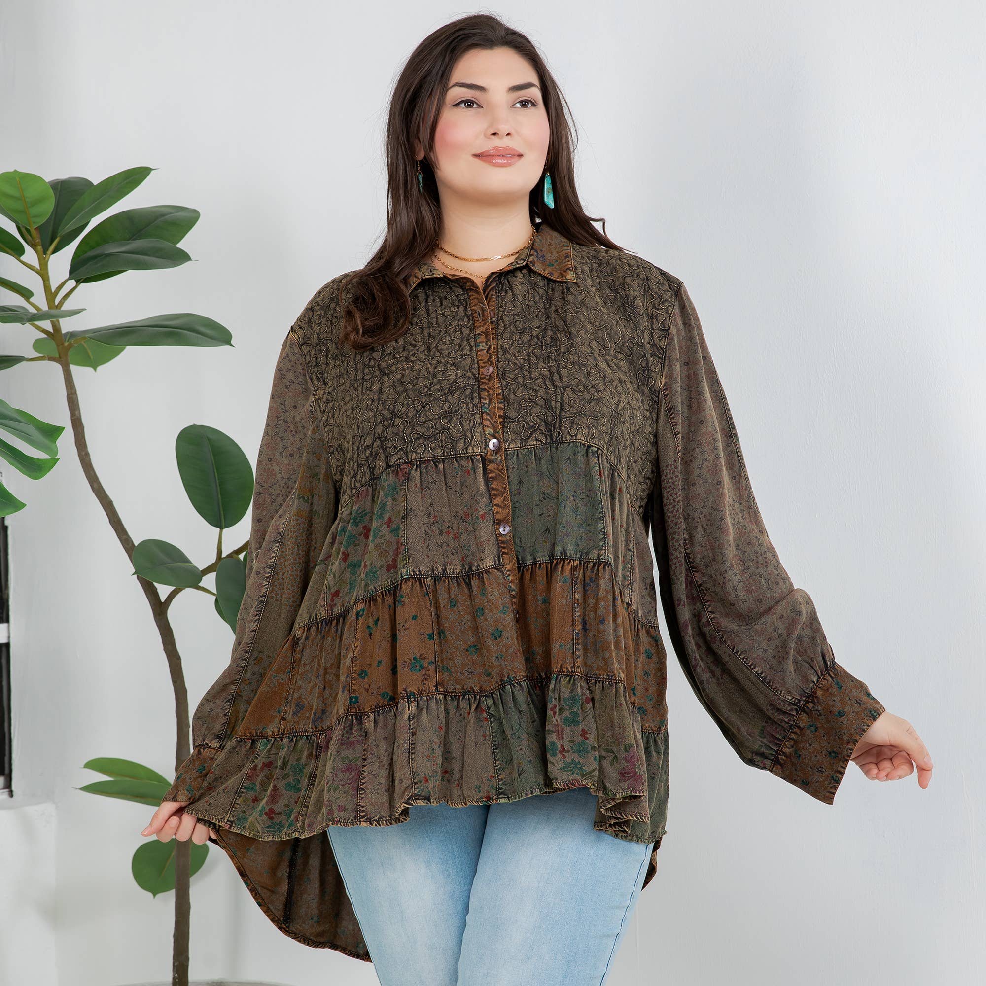 Amber Front-Open Boho Shirt with Quilted Emb & Rayon Tiers for wholesale on Faire10