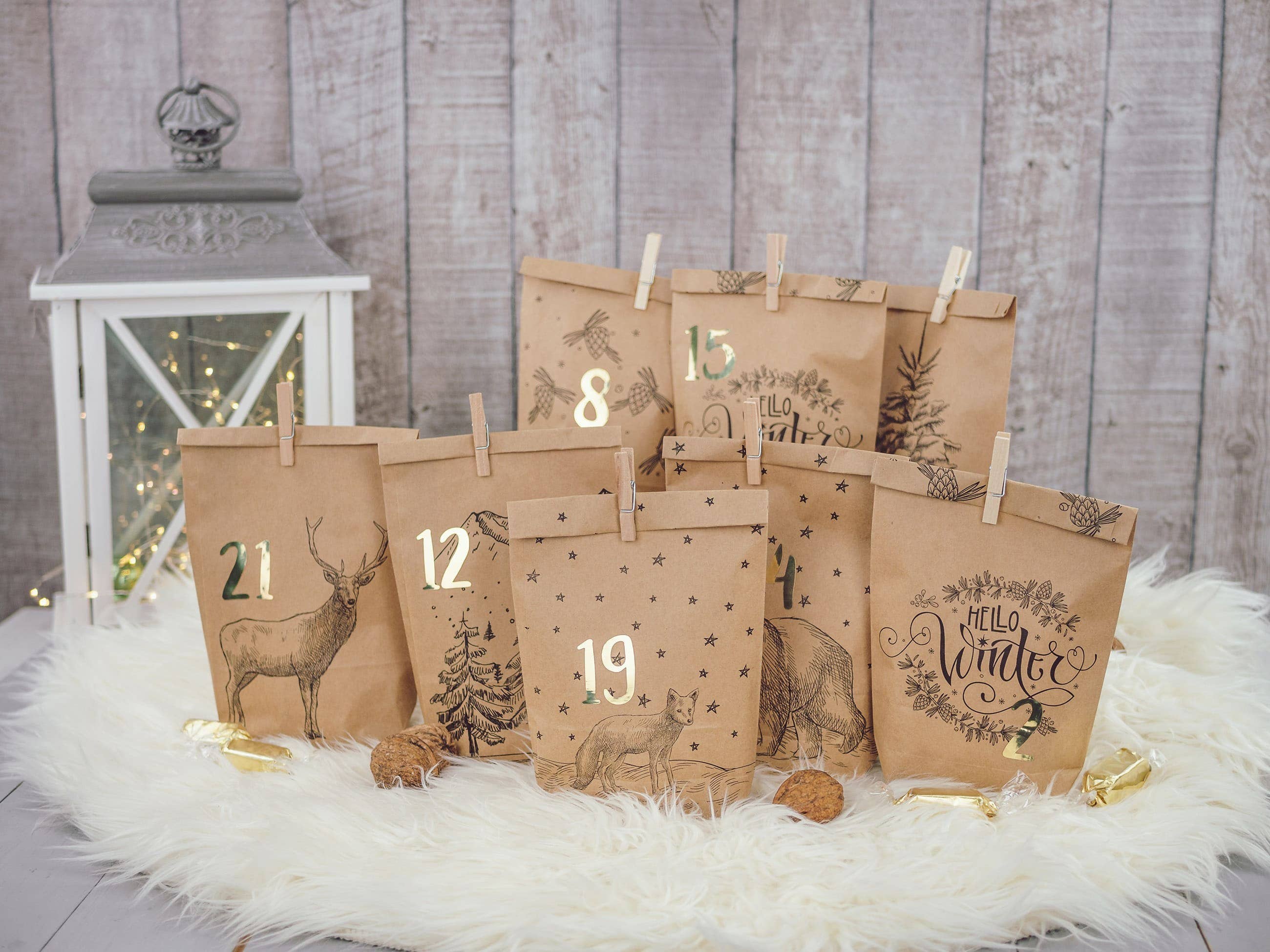 Papierdrachen – Großhandel Adventskalender – Adv Bedruckte Tüten - Packpapier schwarz - Set 21