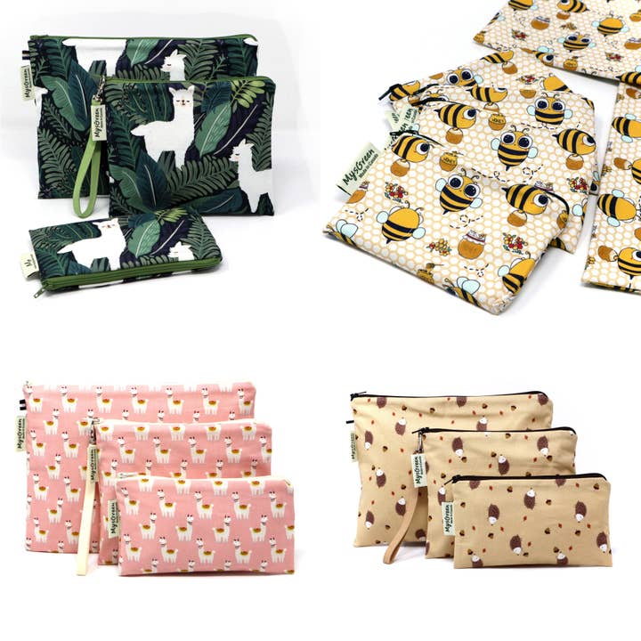 Hedgehog Butterfly Honeybee Llama Reusable Zipper Pouch Sets for wholesale by MYSGREEN