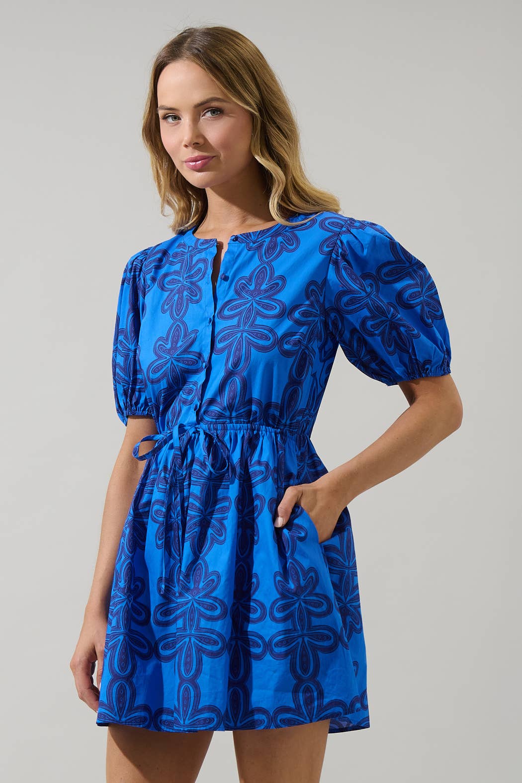 BLUE NAVY MUL Romery Abstract Alba Puff Sleeve Mini Dress for wholesale on Faire2