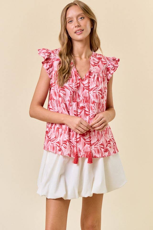 Doe and Rae - Wholesale Blouse - Women's - Abstract Print V-Neck Double Ruffled Cap Sleeve - 44961T5