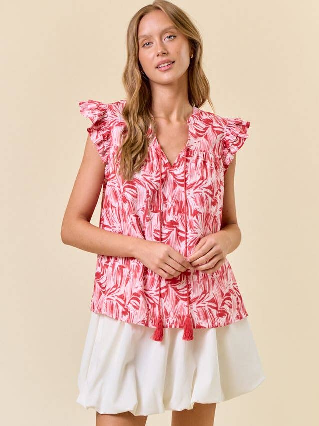 Stampa Astratta Scollo a V Doppia Manica a Cappuccio con Volant - 44961T per la vendita all'ingrosso da parte di Doe and Rae