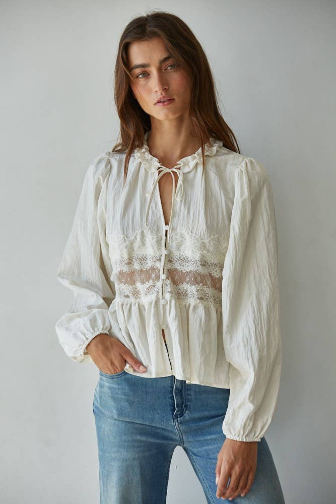 By Together – wholesale Blouse – Women’s – L8724 | Woven Polyester Nylon Sheer Lace Detail Blouse1