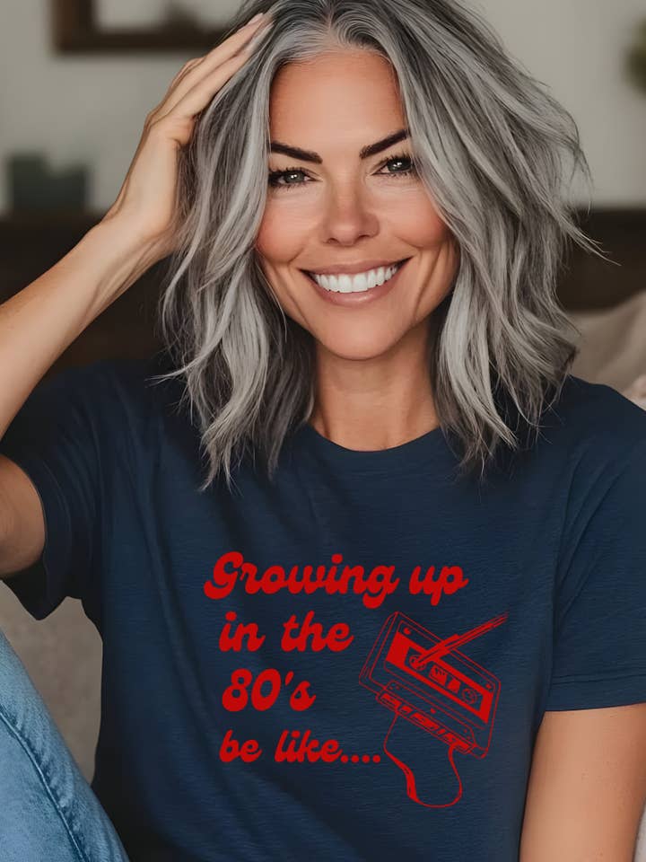 GROWING UP IN THE 80S BE LIKE - RELAXED FIT TEE NAVY for wholesale by Cherry Chic Designs