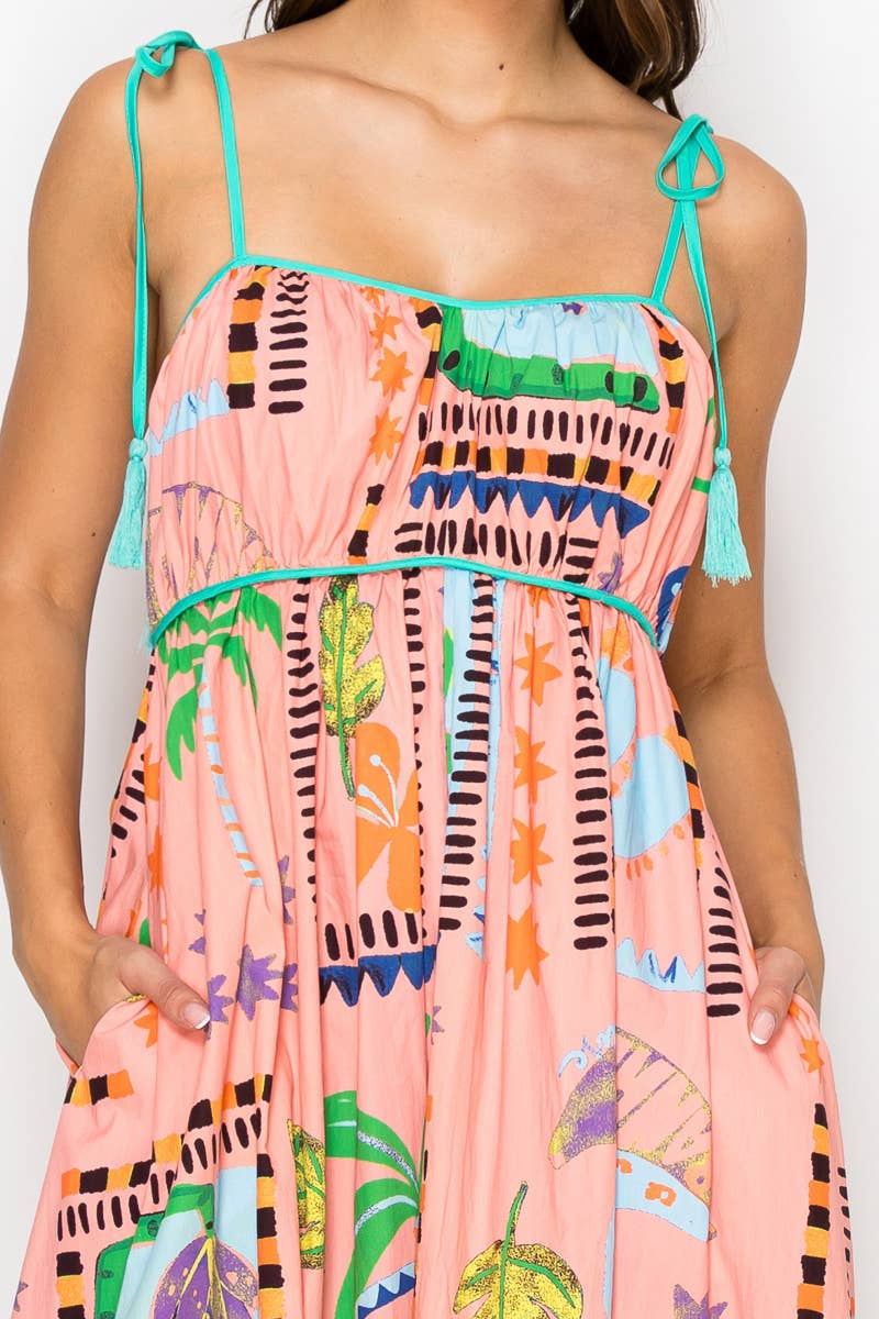 LoveWednesday - Wholesale Dress - Women's - Coral Retro Tropical Print Cotton Maxi Dress - LWD28995