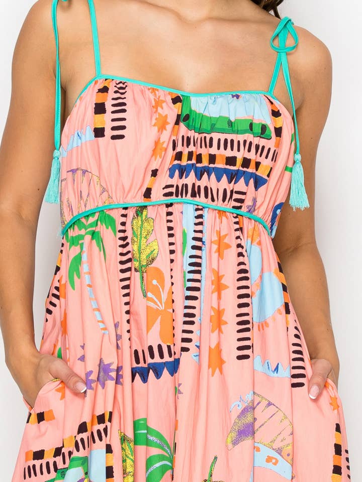 LoveWednesday - Wholesale Dress - Women's - Coral Retro Tropical Print Cotton Maxi Dress - LWD28995