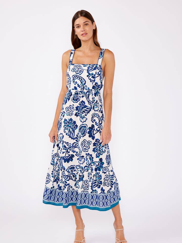 Vanilla Navy Blue Printed Tie Back Sleeveless Midi Dress for wholesale on Faire
