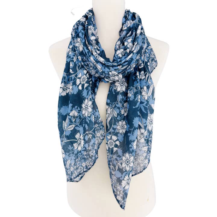 JC Sunny Fashion - Wholesale Scarf - Women's - Navy-White Wildflower Blooms Scarf