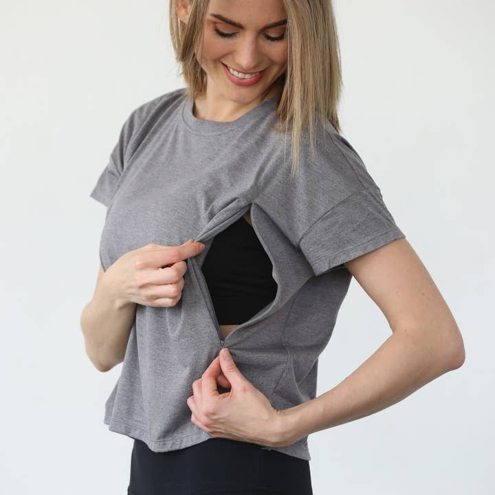 Abigail Short Sleeve Nursing T-Shirt (Dark Gray) for wholesale by Sweat & Milk