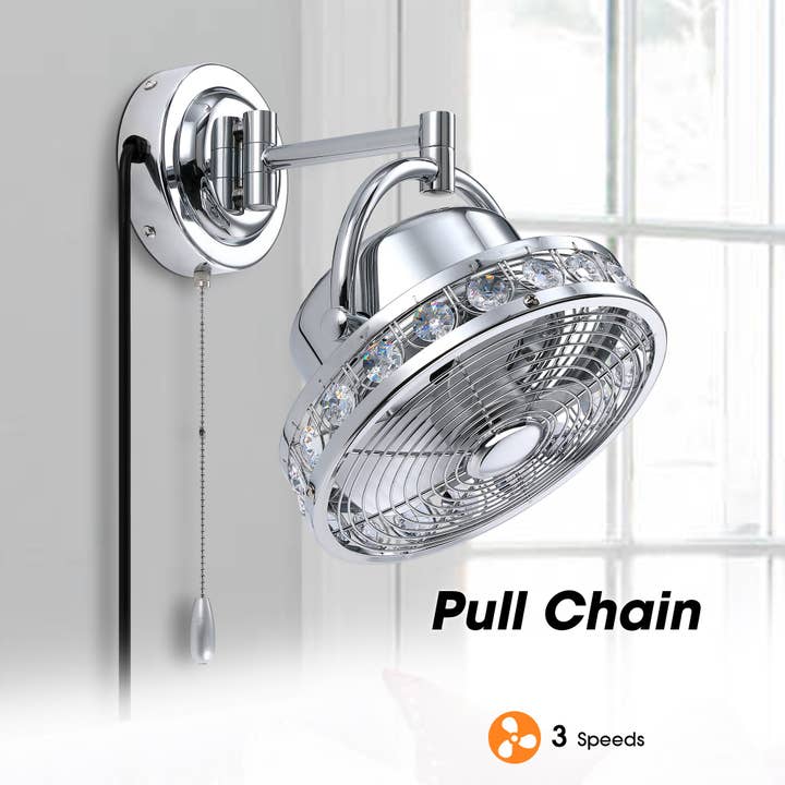 Brio Lighting - Wholesale Ceiling Fan - Luxe 10" Brushed Chrome 3-Speeds Wall Fan with Pull Chain7