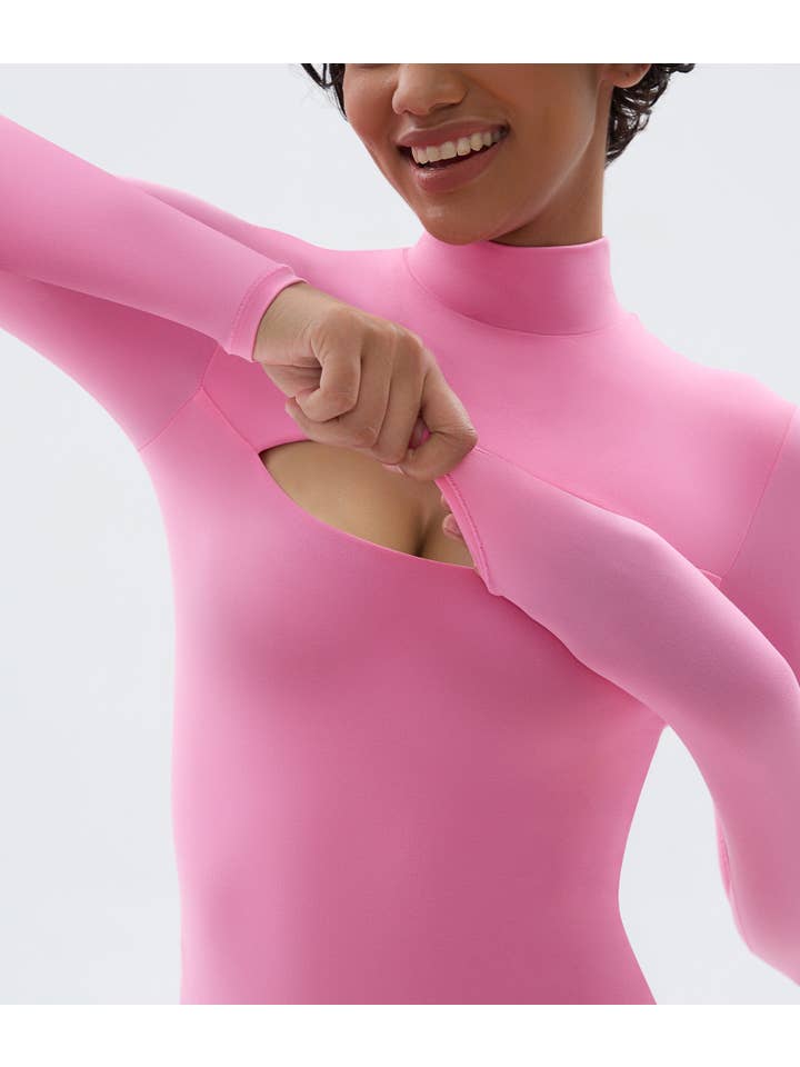 SHAPERX - Wholesale Bodysuit - Women's - SHAPERX Mock Neck Long Sleeve Bodysuit Cutout Front Thong