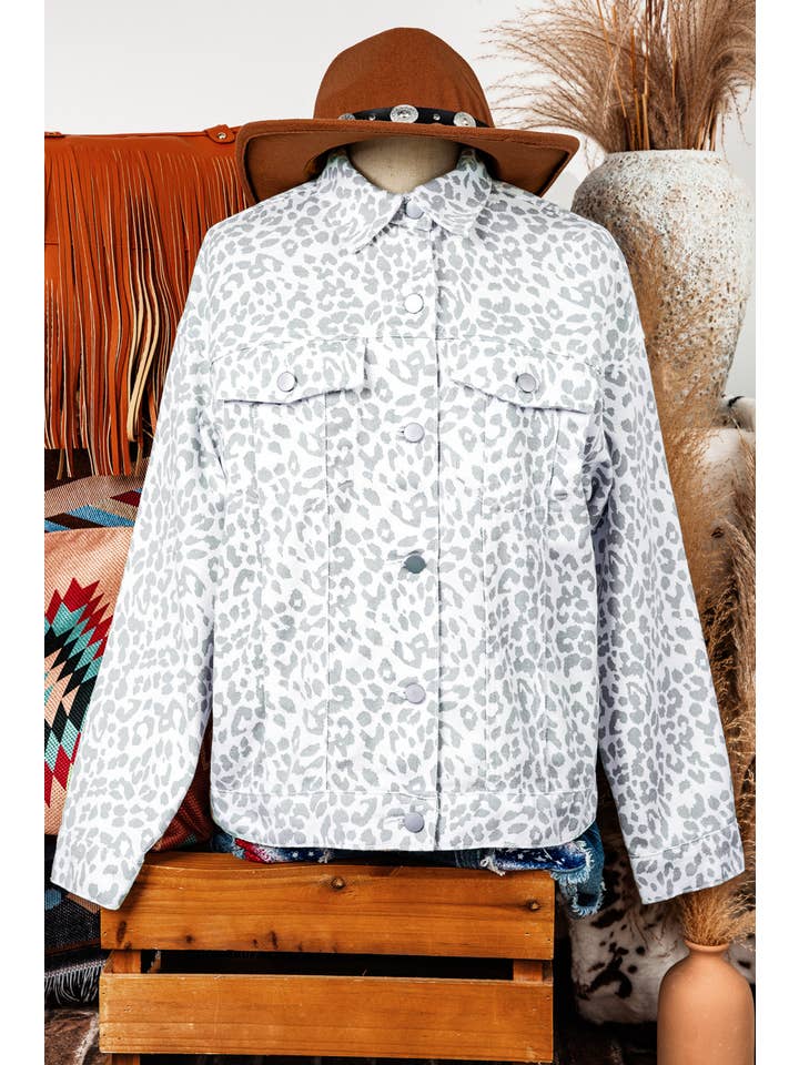 AS SHOWN Fashion Fall Western Leopard Flap Pocket Denim Jacket for wholesale on Faire