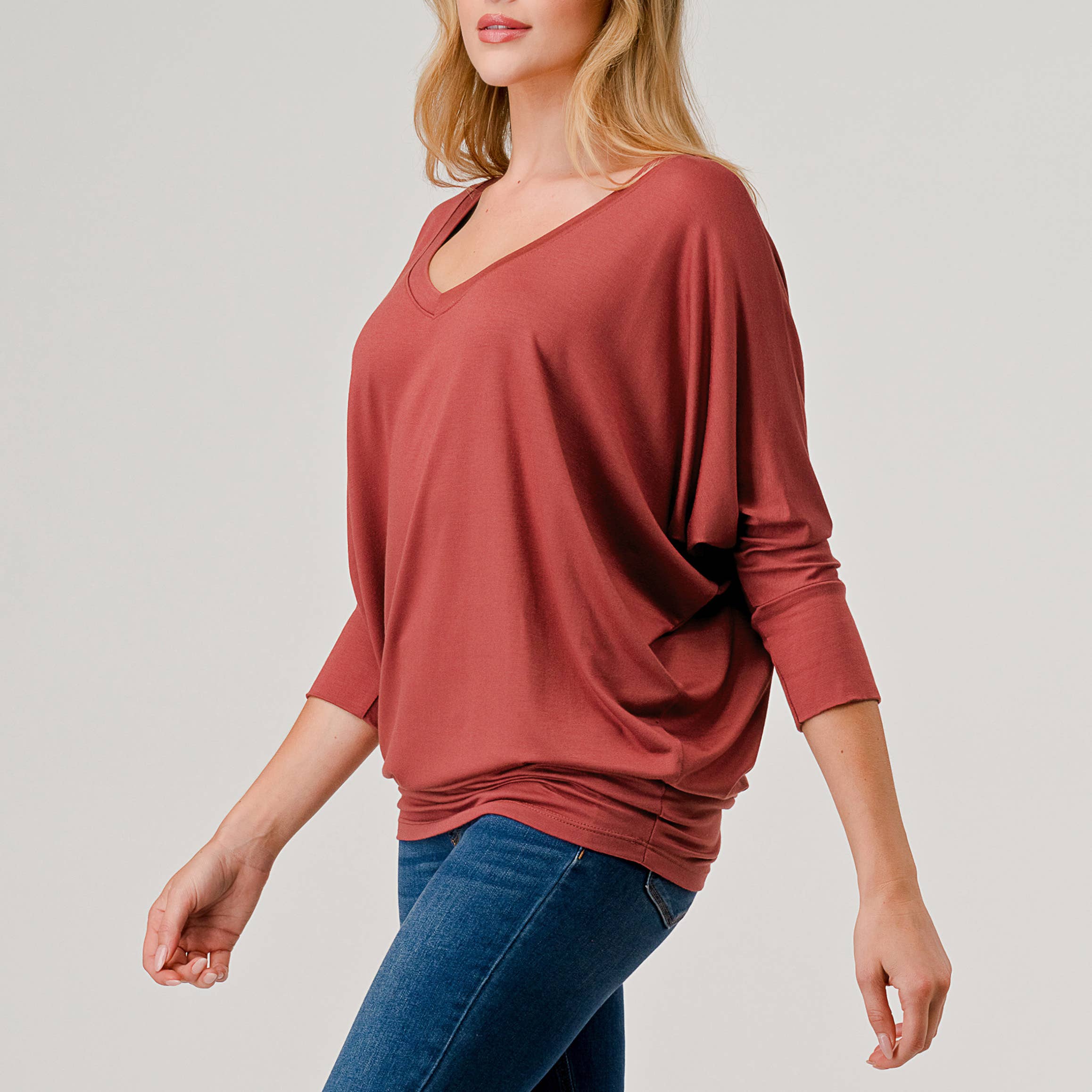 Heimious - Wholesale Knit Top - Women's - 3/4 Dolman Sleeve V-neck Modal Jersey Top, 257360