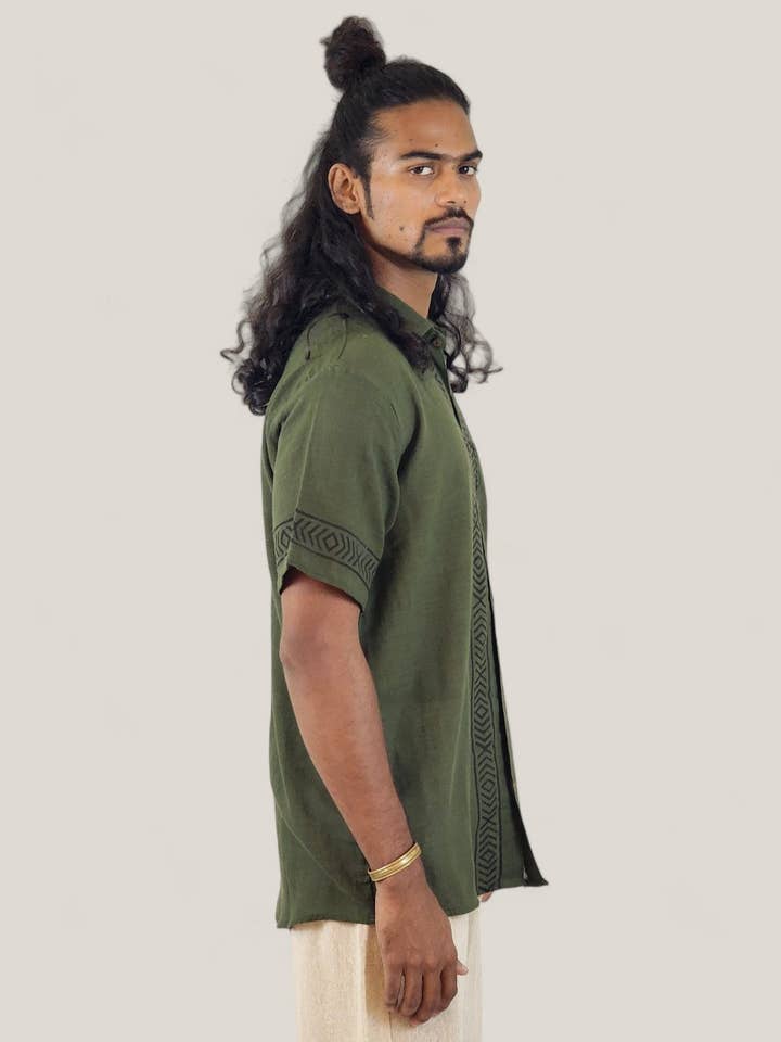 Sacred Ceremony - Wholesale Button Down Shirt - Men's - Men's Green Organic Linen Short Sleeve Block-Printed Button-Down Shirt