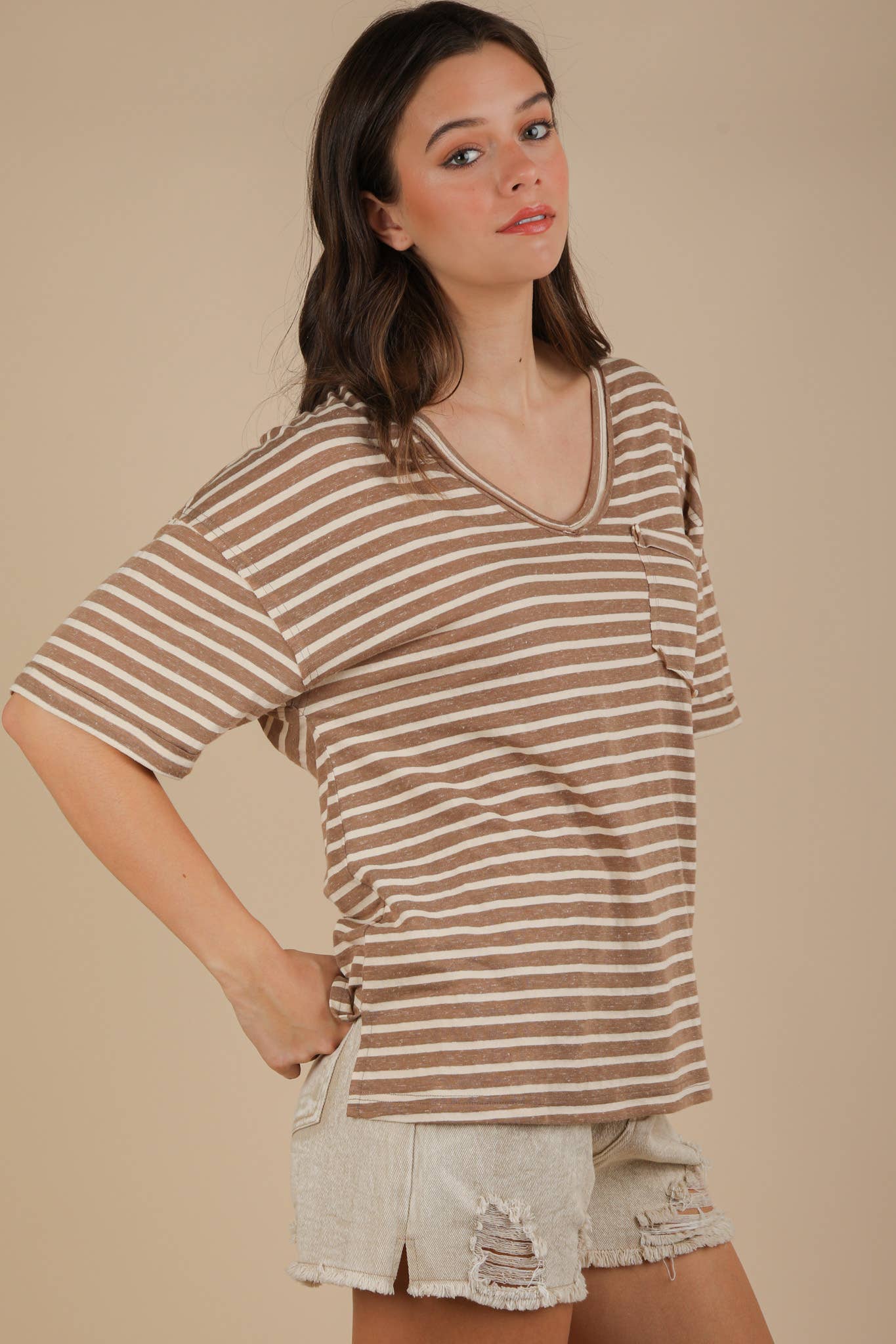 VERY J - Wholesale Knit Top - Women's - NT12167-Oversized Stripe Casual V-Neck Knit Top13