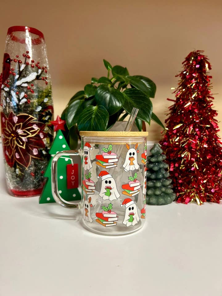 15oz Glas Mugg, Bokälskande Spökmugg för Jul, Julmugg för wholesale av MommyandMarie