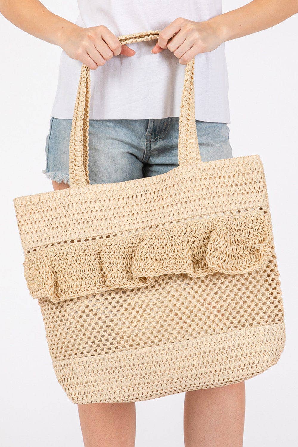 MiMi Wholesale - Wholesale Tote Bag - Women's - MB0272 Ruffle Detail Crochet Straw Tote Bag9