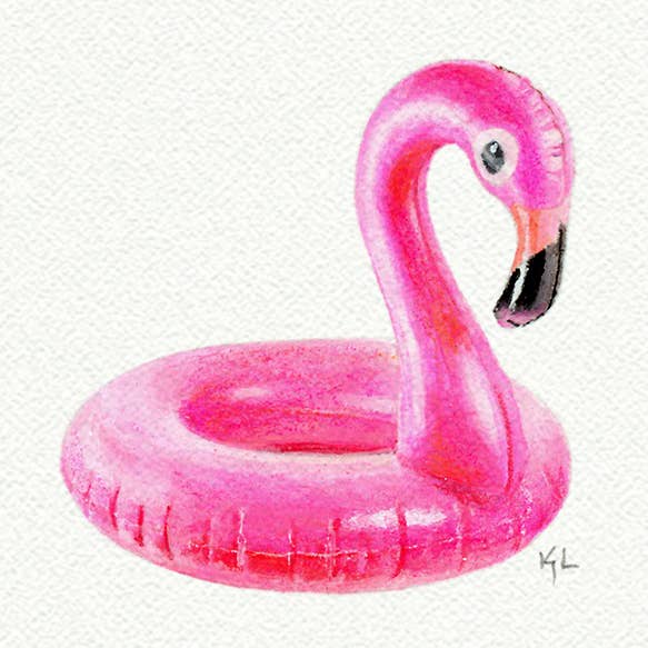 Flamingo Pool Float Miniature Watercolor Painting - Print for wholesale by Karen Libecap Tiny Paintings