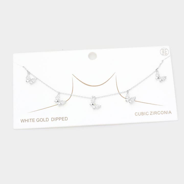 White Gold Dipped CZ Embellished Butterfly Pendant Necklace for wholesale by Sensibling Corp.