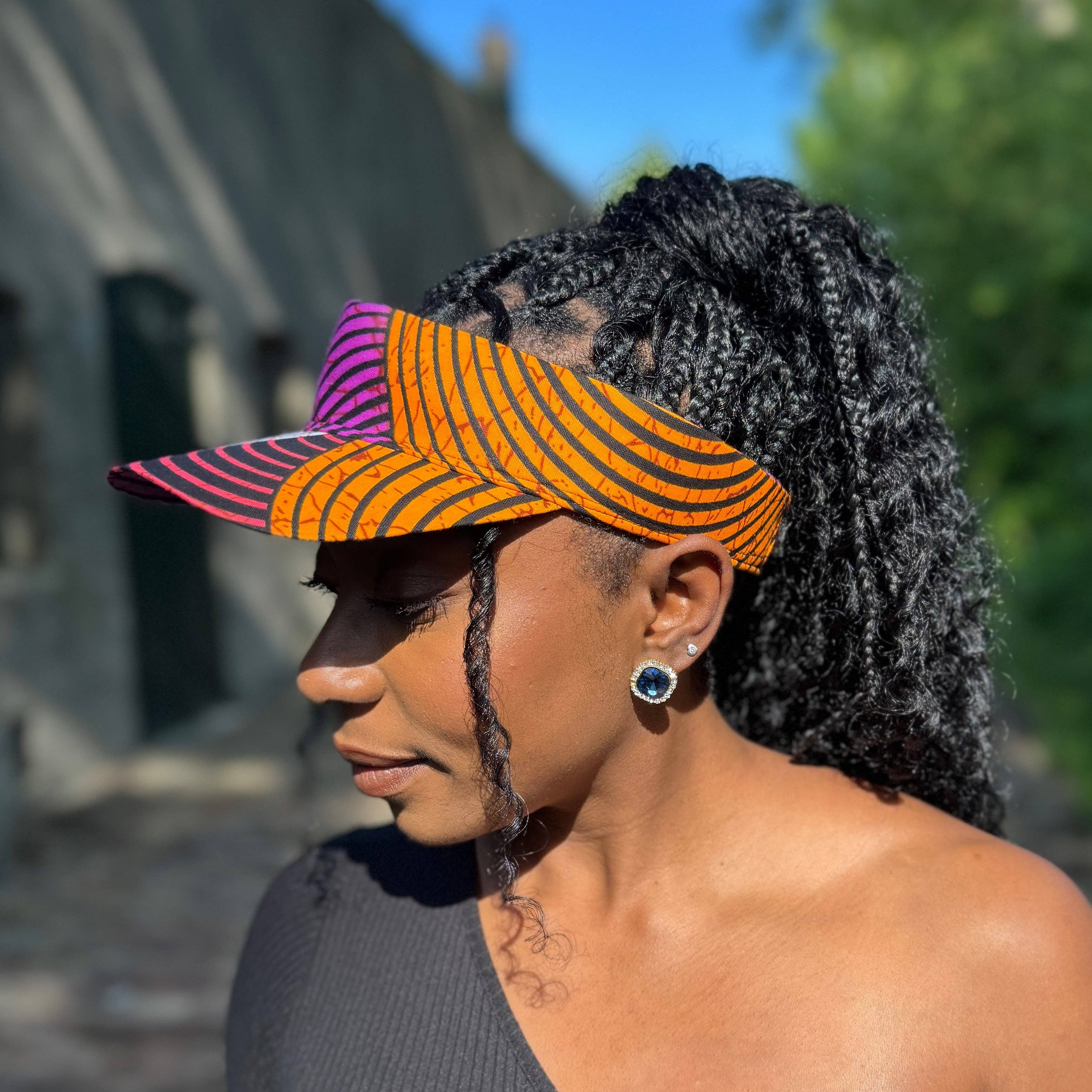 AfricanFabs - Wholesale Visor - Women's - African print Sun visor cap - Orange & Purple Concentric Circle Design2