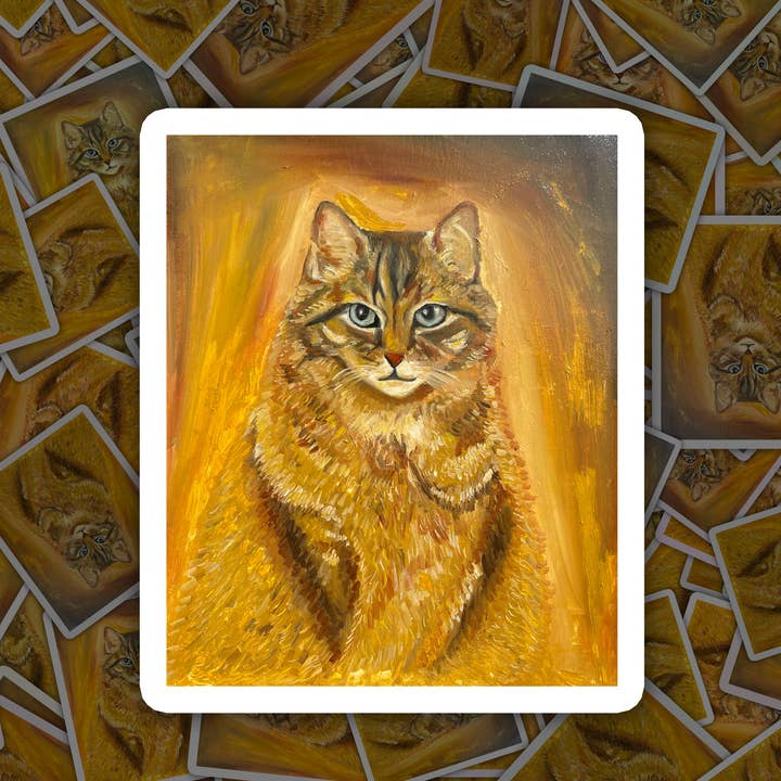 Durable Vinyl Sticker, Serious Tabby Cat Painting Design for wholesale by Deking Art