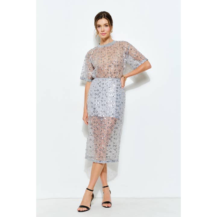 INA - Wholesale Skirt - Women's - Floral Sequin Embroidered Mesh Midi Skirt10