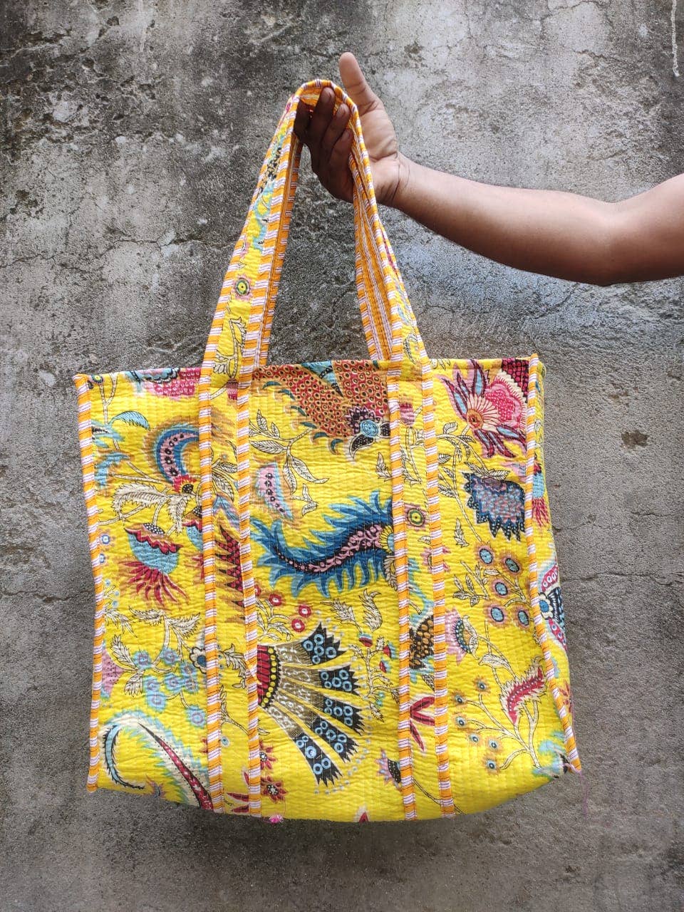 Meghcraft - Wholesale Tote Bag - Women's - Floral Cotton Quilted Block Print Tote Bag-Beach Bag totes7