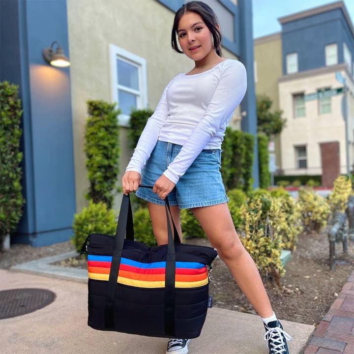 Top Trenz Inc - Wholesale Tote Bag - Women's - Black Puffer Tote Bag Retro Stripe