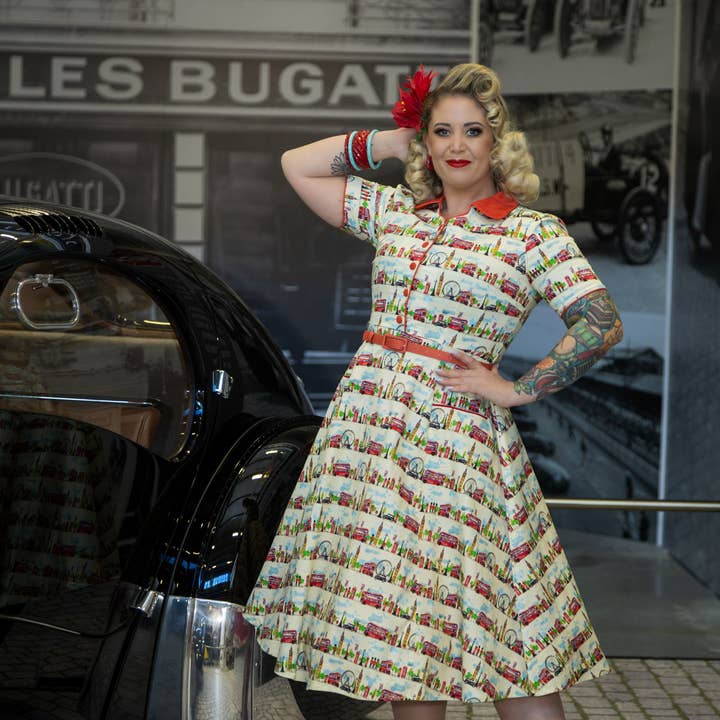 Penelope II White Rockabilly London Landmark Shirt Dress for wholesale by Dolly & Dotty