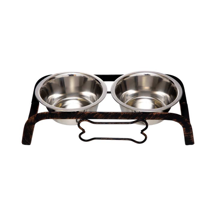 Jojo Modern Pets - Wholesale Pet Bowl - Cat/Dog - Rustic Elevated Dog Bone Feeder with 2 Stainless Steel Bowls