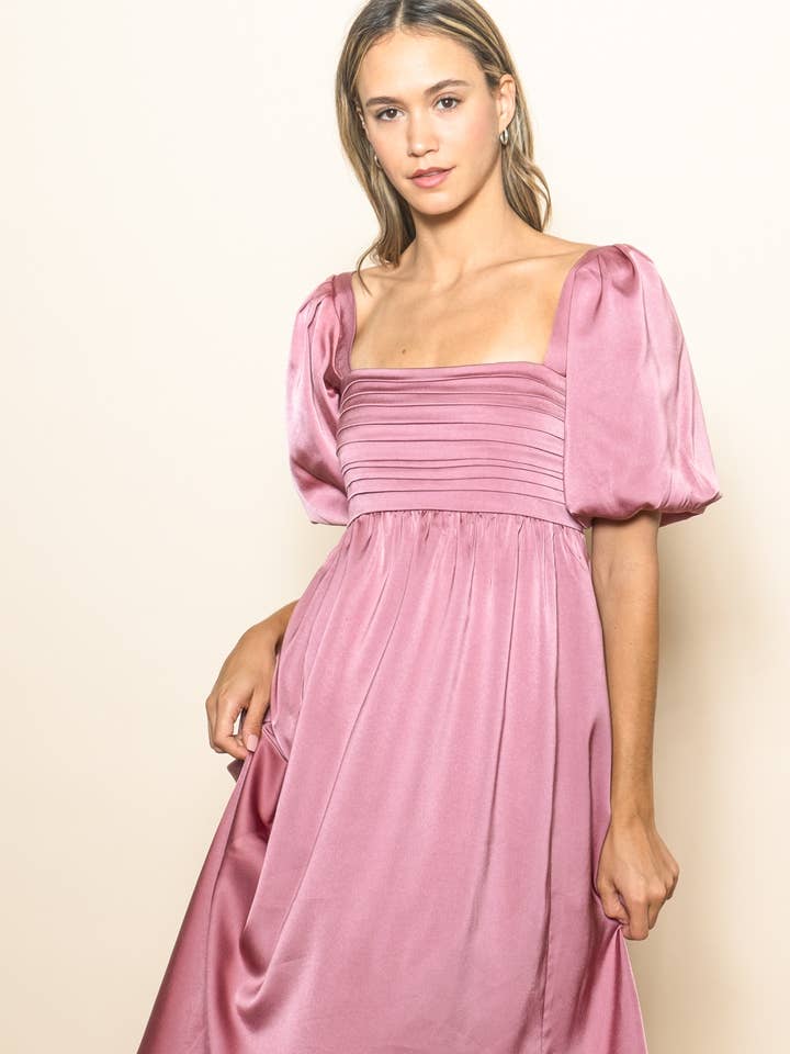 Ruched Pleated Matte Satin Smocked Midi Dress with Pockets for wholesale by Elloh Collection