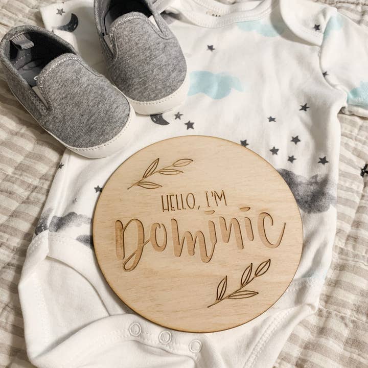 "Hello I'm" Wooden Cutout for Birth Announcement for wholesale by Our Board Boutique