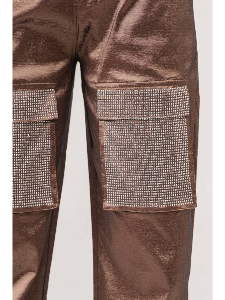 KIWI - Wholesale Pants - Women's - IP2890 Stretch Metallic Rhinestone Cargo Pants