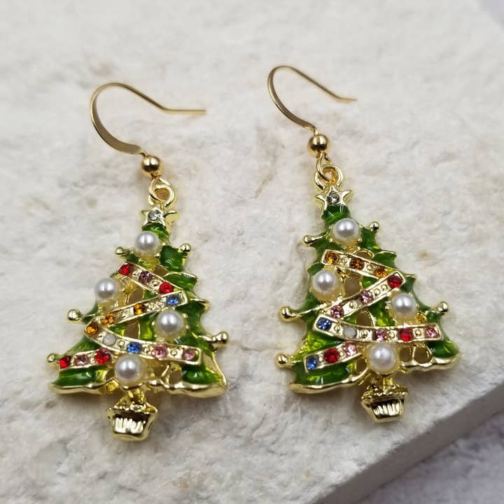 Treasure Wholesale – Engroshandel Hængeøreringe og creoløreringe – Glaserede juletræ øreringe0