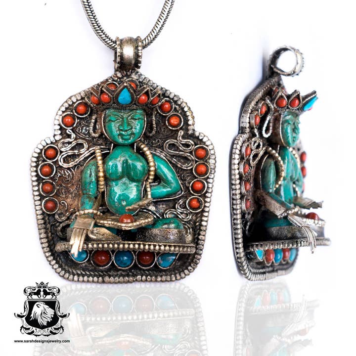 Boîte de prière tibétaine Amoghasiddhi Buddha Ghau avec pendentif en forme de serpent, chaîne N179 pour la vente par SARAH DESIGNS JEWELRY