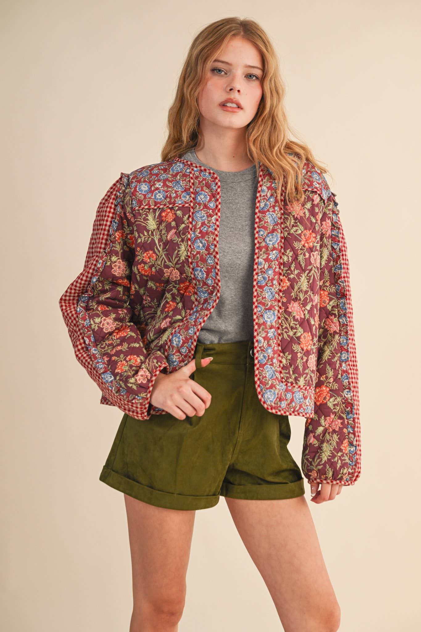 BURGUNDY MULTI MIXED PRINT QUILTED JACKET WITH RUFFLE TRIM MJK4531 for wholesale on Faire1