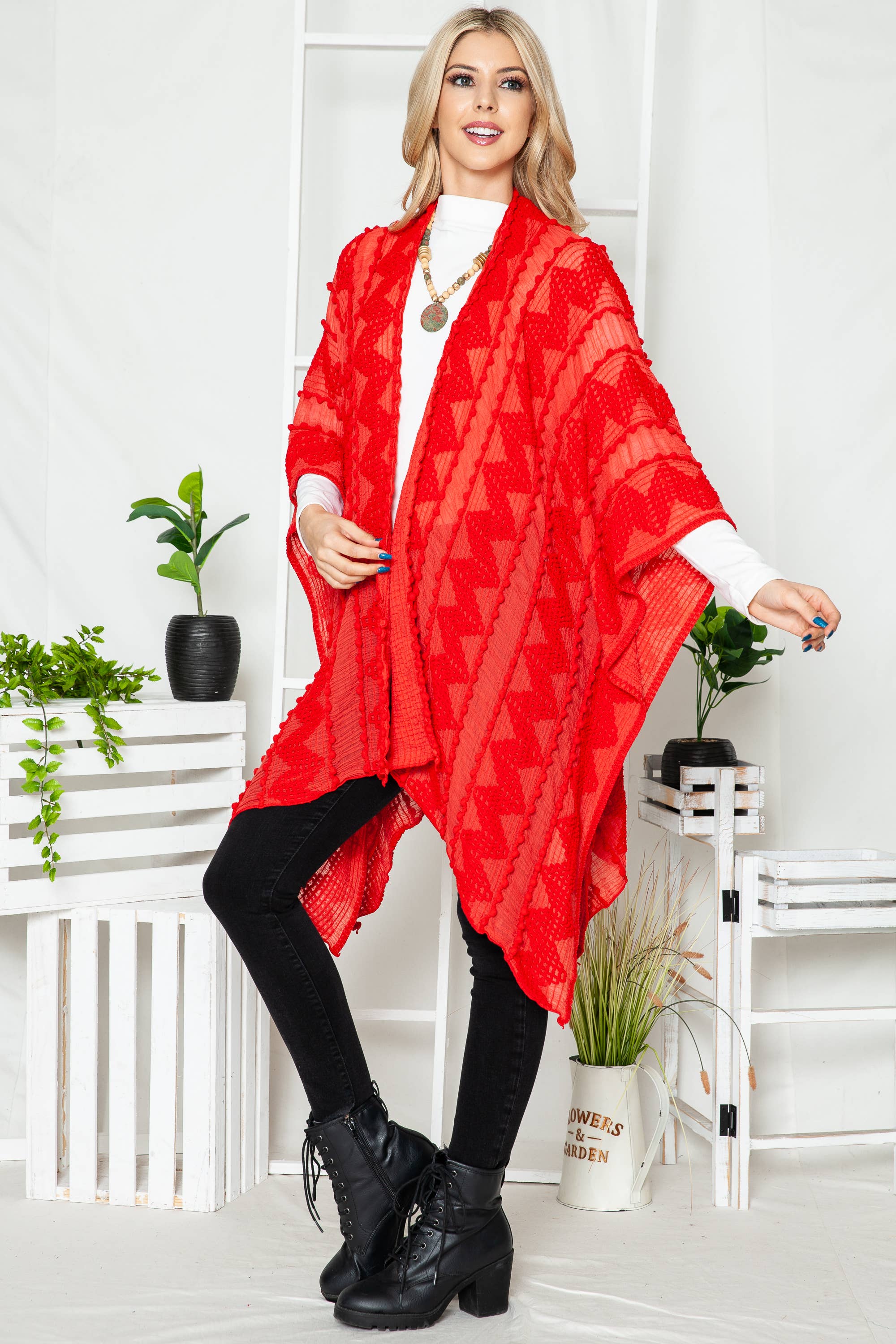 Justin & Taylor - Wholesale Kimono - Women's - Puffer-Up | Soft Textured Cover-Up Kimono With Pom Detail18