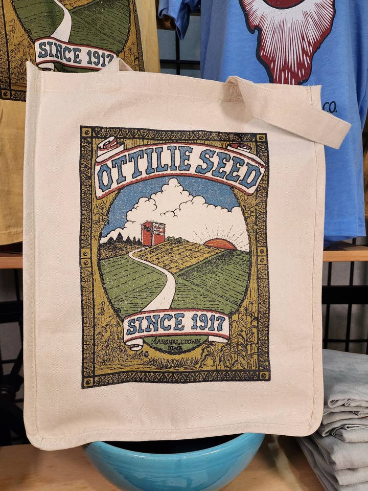 Vintage Farm Seed Bag Design; "Otillie Farms Iowa" Farmer's Market Tote, Natural for wholesale by Seed House Prints